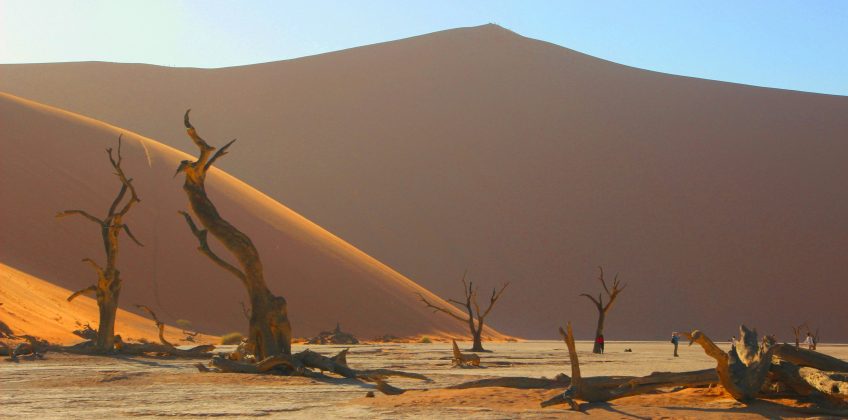 Breathtaking view of the barren desert landscape in Deadvlei, Sossusvlei, Namibia with iconic dead trees and towering sand dunes.